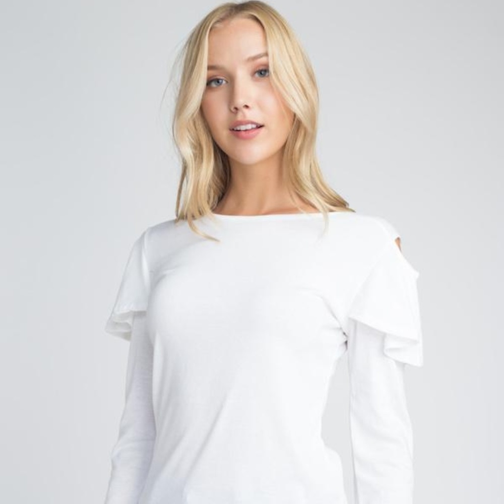 Cold Shoulder Ruffle Long Sleeve Top- White
